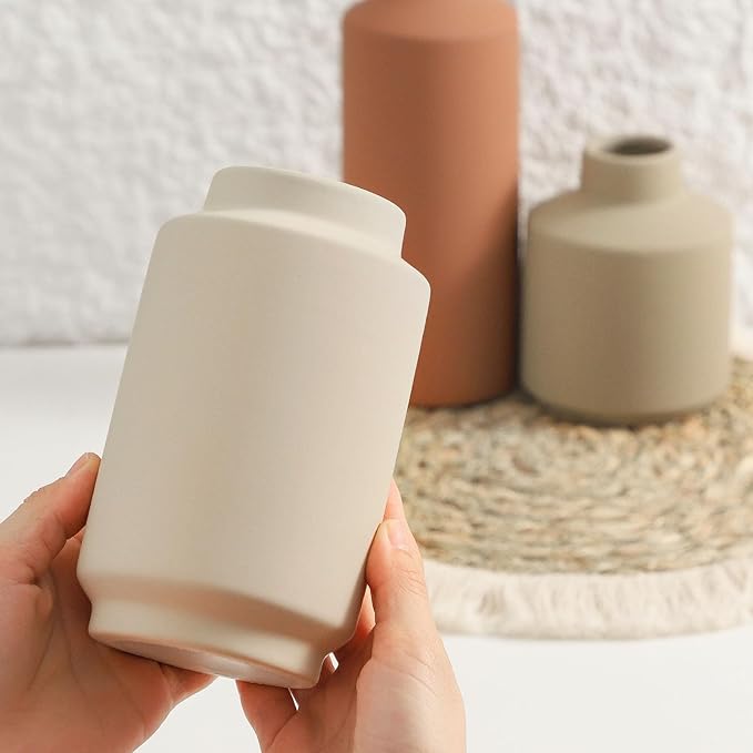 Ceramic Vase Set of 3, Modern Decorative Vases for Home Decor, Small Flower Pottery Vase Sets, Boho Farmhouse Rustic Vases for Living Room, Kitchen, Bedroom, Bathroom, Shelf, Table