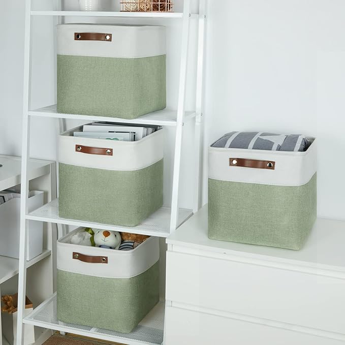 Temary Fabric Storage Bins for Organizing Clothes, Closet Baskets with Handles - Decorative Storage Boxes for Home (White & Green, 12 Inch, 4 Pack)