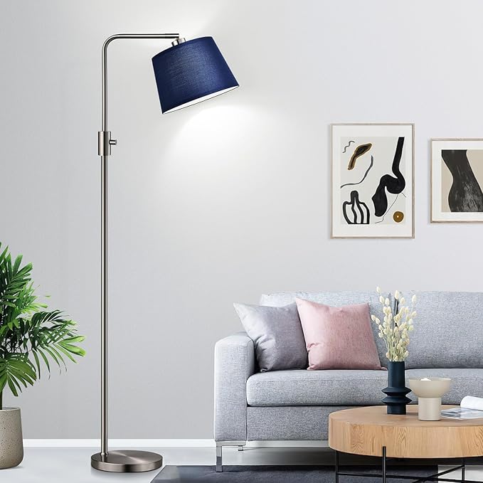 Dimmable Floor Lamp, 1000 Lumens LED Edison Bulb Included, Brushed Nickel Arc Standing Tall Floor Lamp with Blue Shade for Living Room Bedroom Office Dining Room