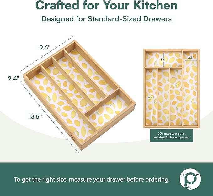 Kitchen Drawer Organizer - Silverware Organizer for Kitchen Organization & Storage, Utensil Holder & Bamboo Organizer for Kitchen Drawers, Kitchen Essentials, 5-Slot, Lemon Print