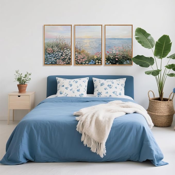 CHDITB Seaside Floral Framed Canvas Wall Art Set, Nature Inspired Ocean View Wall Decor, Sunrise Art Spiritual Wall Painting, Coastal Wildflowers Art Prints for Living Room, Office-Size 16"x24"x3