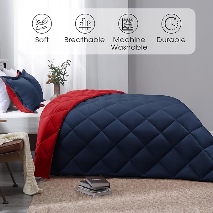 Beyond Twin Comforter Set - Navy/Red Reversible Comforter Set for All Seasons, 1 Comforter (66"x92") and 1 Pillow Sham (20"x26"+2")