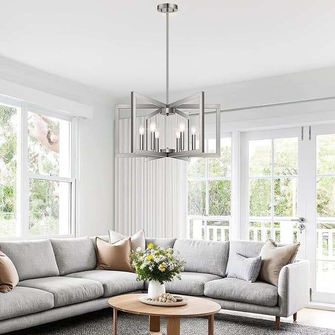25" Modern Brushed Nickel Chandelier for Dining Room (6-Light, 25-Inch), Geometric Dining Room Light Fixture Over Table, Industrial Metal Hanging Pendant Lights for Kitchen Island, Entryway, Foyer