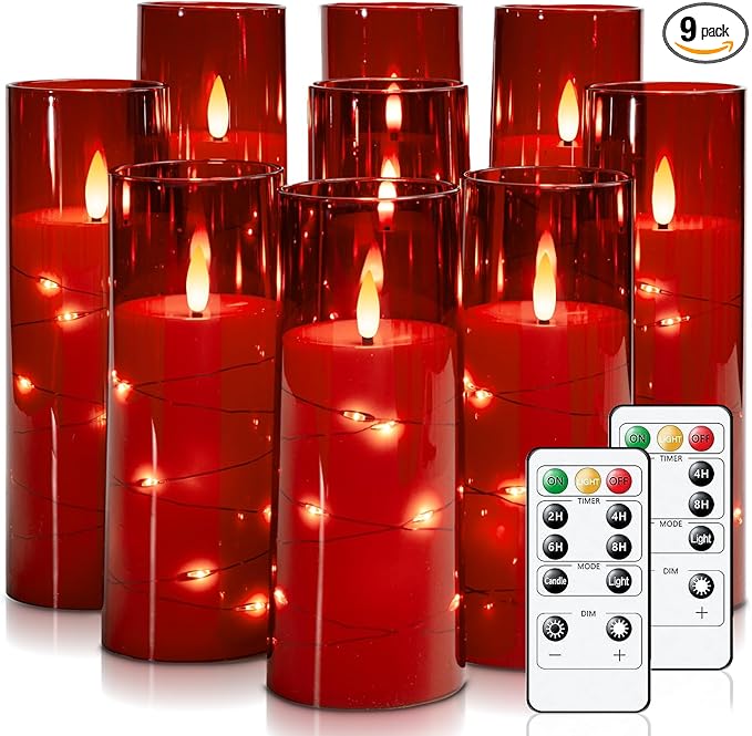 Raycare Flameless Candles with Embedded Star String, 9 Pcs Battery Operated Acrylic Pillar Candles with Timer and Remote, LED Candles for Romantic Ambiance and Home Decoration (Red)