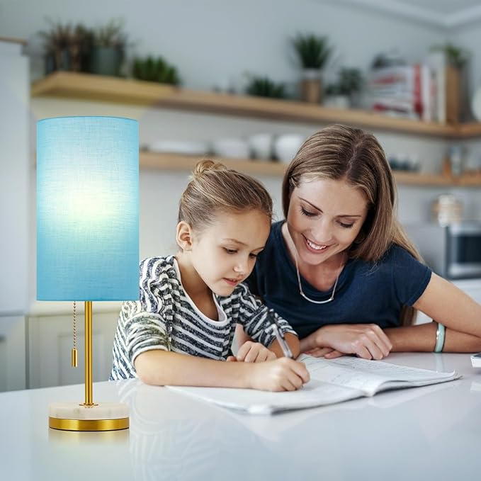 Luvkczc Minimalist Table Lamp Set of 2, Nightstand Lamp for Bedroom Living Room, Modern Pull Chain Bedside Lamp with Marble Base, Fabric Shade, Small Desk Lamp for Home, Office, Reading,Blue