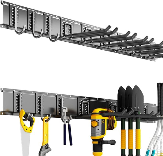Garden Tool Organizer Wall Mount, 48inch Heavy Duty Garden Tool organizer Storage System, Easy Install With 9 Adjustable Hooks, For Garage, Basement, Shed, Workshop(Black)