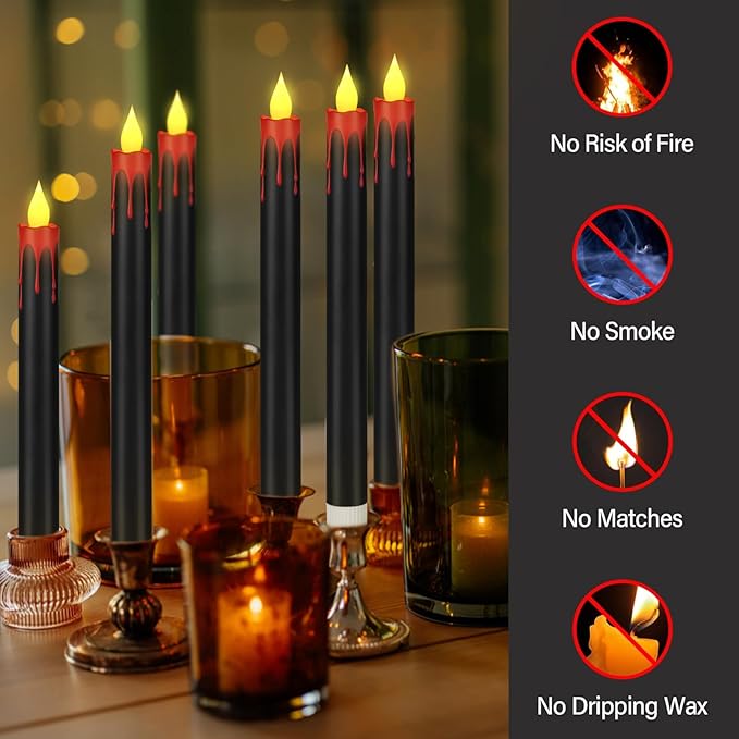 Flameless Taper Candles 10.6" Dripless Battery Operated Taper Candles Included Remote Timer 400+ Hours by 2AA Batteries for Halloween Christmas Wedding (Black+Burgundy, 6 Pack)