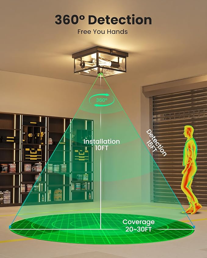 Outdoor Ceiling Light with Motion Sensor, Flush Mount Porch Light, Exterior Light Fixture with Clear Glass, Dusk to Dawn 2-Light Fixture for Patio,Porch (12 in)