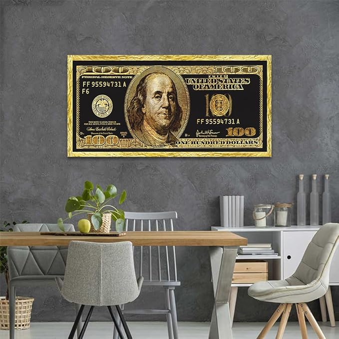 Large Size Motivational Framed Wall Pictures 100 Golden Dollar Money Artwork Posters Prints Culture Style Street Art Inspirational Canvas Painting Wall Art for Kids Room Studio Ready to Hang-48"Wx24"H