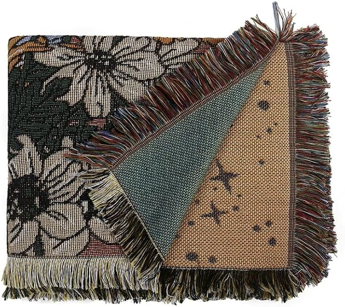 Boho Throw Blanket for Bed Couch Sofa Reversible Cotton Bohemian Travel Boho Quilt Mexican Muslin Blanket Tapestry Hippie Room Decor Outdoor Blanket Double Sided (Boho Flower Dark 5 70"x90")