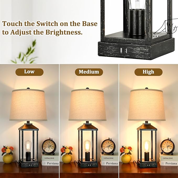 Brightever 28" Farmhouse Table Lamps Set of 2, Black Bedside lamp with USB Charging Ports, 3-Way Dimmable Touch Control Nightstand Lamps,Tall Table Lamp for Living Room, 4 Bulbs Included