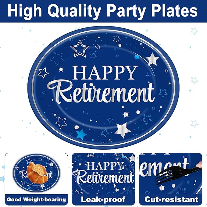 Happy Retirement Party Oval Paper Plates 11inch Blue Silver Retirement Plates and Napkins, Retired Decoration Favor Dish Tray for Women Men Retired Supplies Graduations Tableware, 25 Guest