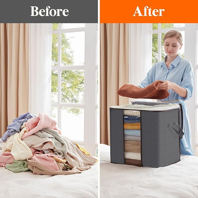 Lifewit 3 Pack Clothes Storage Bins with Lids, Foldable Blanket Storage Bags with Zippers, Clear Window and Reinforced Handles, Closet and Organization for Clothing, Sweater, Comforter, Bedding, Gray