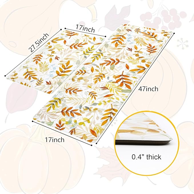 SHACOS Fall Anti Fatigue Kitchen Mat 2 Pcs Autumn Orange Leaves Maple Leaf Non Slip Cushioned Kitchen Floor Mats Ergonomic Standing Mat Fall Decor 17x27.5+17x47