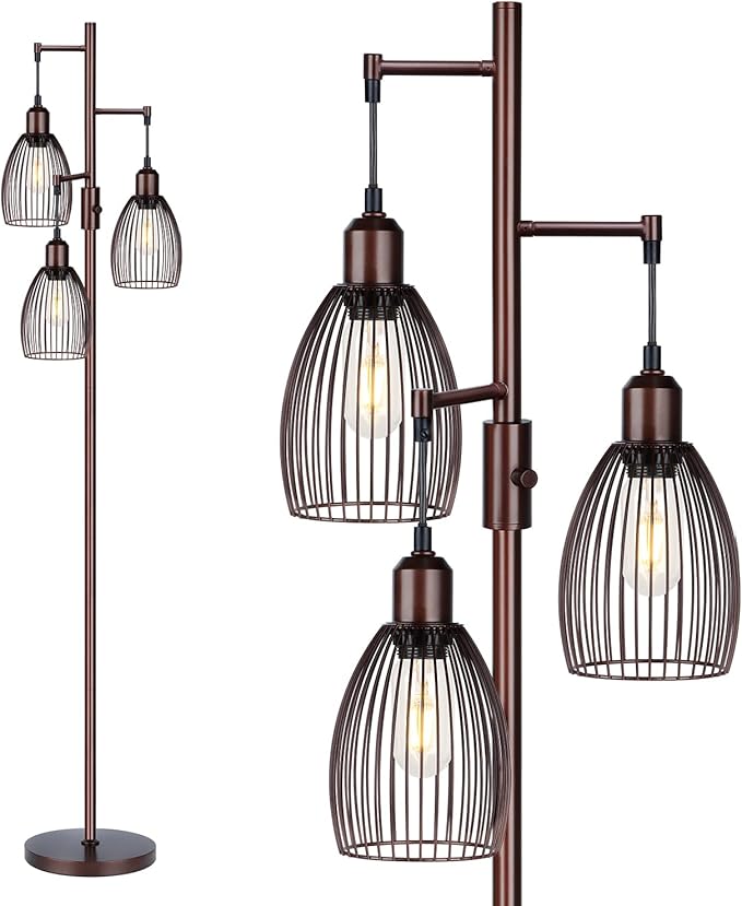 Dimmable Floor Lamp, Industrial Floor Lamps for Living Room, Brown Tree Lamp Standing Lamp Tall Lamps with 3 Elegant Teardrop Cage Head & 800 Lumens LED Bulbs for Living Room Bedroom Office