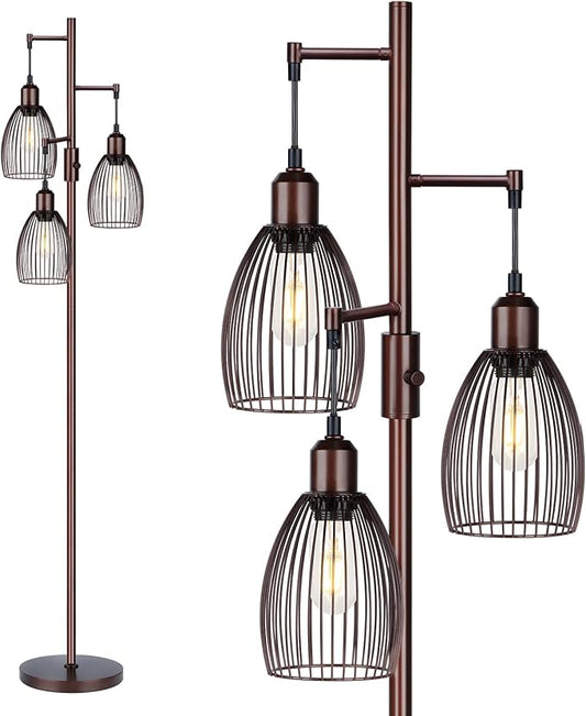 Dimmable Floor Lamp, Industrial Floor Lamps for Living Room, Brown Tree Lamp Standing Lamp Tall Lamps with 3 Elegant Teardrop Cage Head & 800 Lumens LED Bulbs for Living Room Bedroom Office