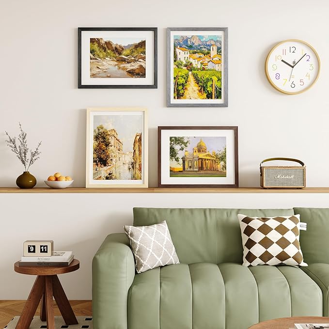 Egofine 12x16 Picture Frame Set of 4, Made of Solid Wood Multicolor Photo Frame Covered by Plexiglass 9x12 and 11x14 with Mat or 12x16 without Mat, for Wall Mounting Mixed Colors