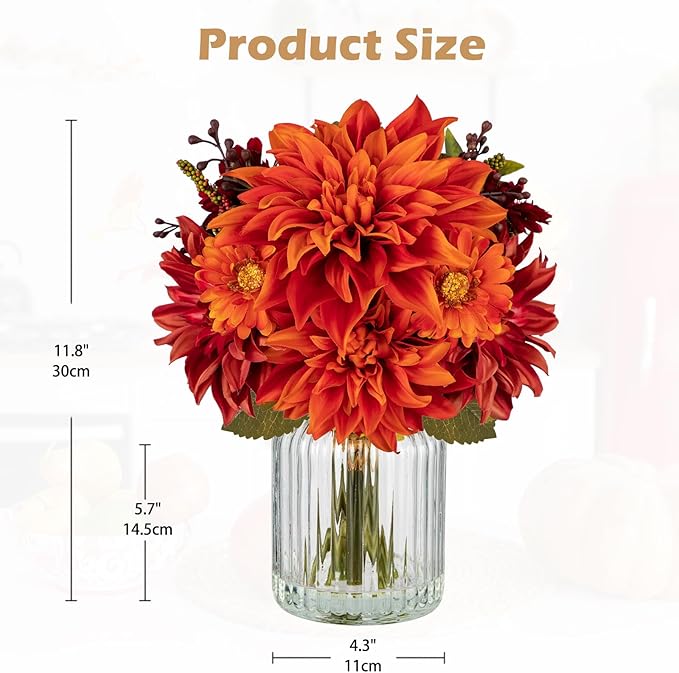 Briful Fake Fall Flowers with Vase, Artificial Dahlia & Mum Silk Floral Arrangement with Glass Vase Faux Autumn Flowers Bouquet for Home Office Room Coffee Table Centerpiece Wedding Decoration