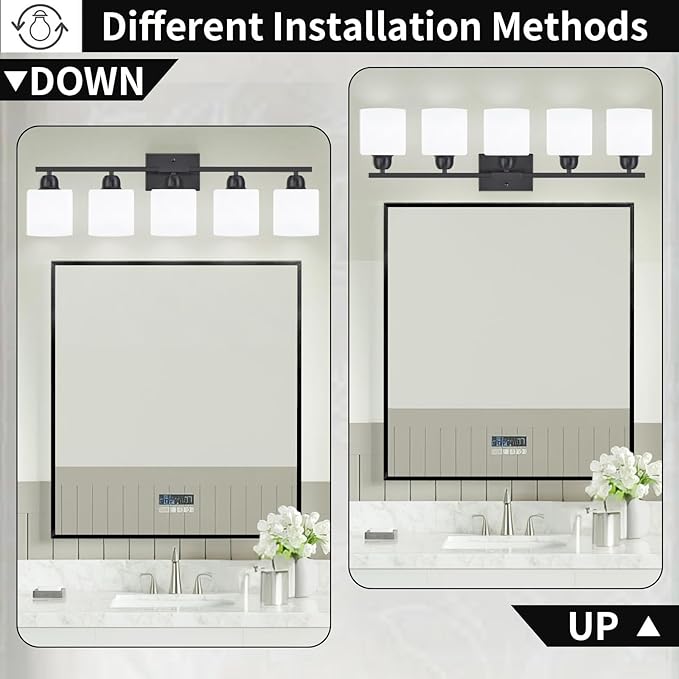 5-Light Black Bathroom Vanity Light, Black Vanity Light with Milky White Frosted Glass Shades, Modern Vanity Light Fixture for Bathroom Mirror, Bedroom, Living Room, Hallway, Vanity Table, E26 Base