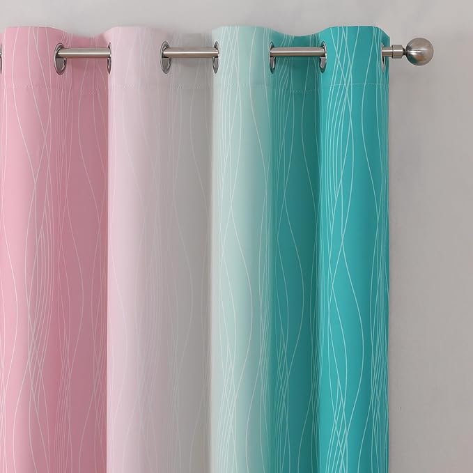 Estelar Textiler Pink and Teal Blackout Curtains 54 Inch Length, Full Light Blocking Gradient Grommet Drapes for Living Room, Thermal Insulated Ombre Curtains for Bathroom, 52Wx54L, 2 Panels