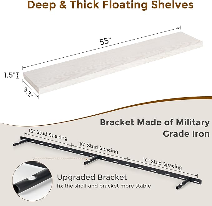 Floating Shelves 55 Inch Long, 55"W x 9.3"D Wall Shelf Invisible Bracket, 9.3 Inch Deep Floating Shelf for Wall, Rustic Wooden Shelves for Living Room, Kitchem, Bedroom, Brich Color, Set of 1
