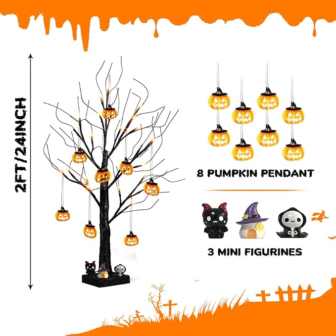 PEIDUO Set of 2 Halloween Trees, 2FT 24LED Lighted Black Glitter Tree with Timer & Pumpkin Ornaments, Battery Operated Halloween Decorations Indoor for Home Table Room Decor