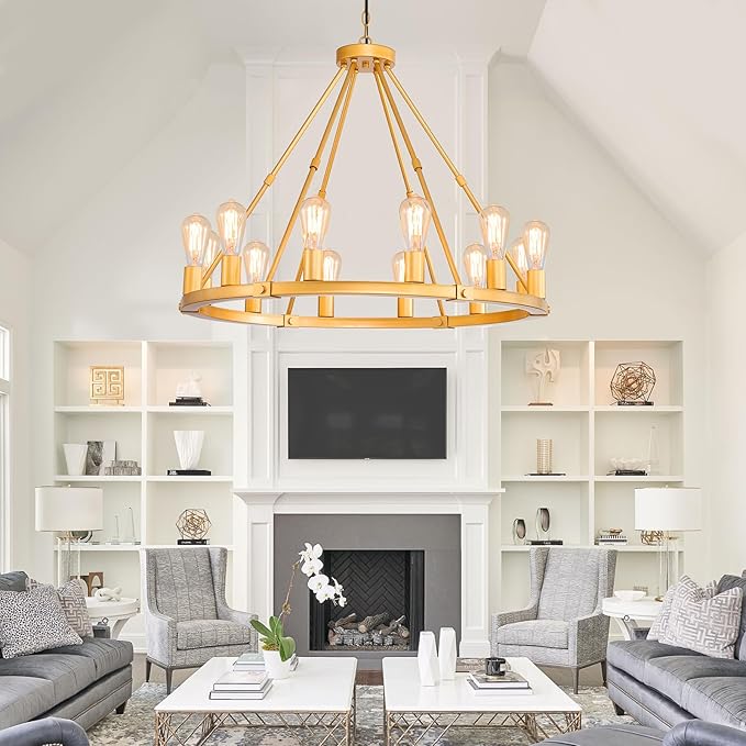 9MMML Gold Wagon Wheel Chandelier, 12-Light Industrial Pendant Light, 31.5'' Farmhouse Ceiling Hanging Chandelier Light Fixture for Living Room, Bedroom, Entryway, Foyer