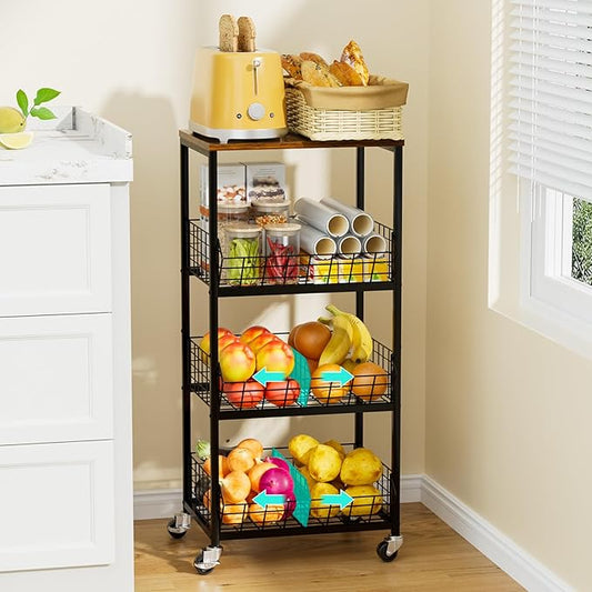HapiRm Kitchen Fruit Vegetable Cart - 4 Tier Rolling Storage Rack with Wheels and Dividers, Coffee Station Cart Rack Shelf Organizer for Onion, Potato, Snack, Fruit, Vegetable Storage Stand, Black