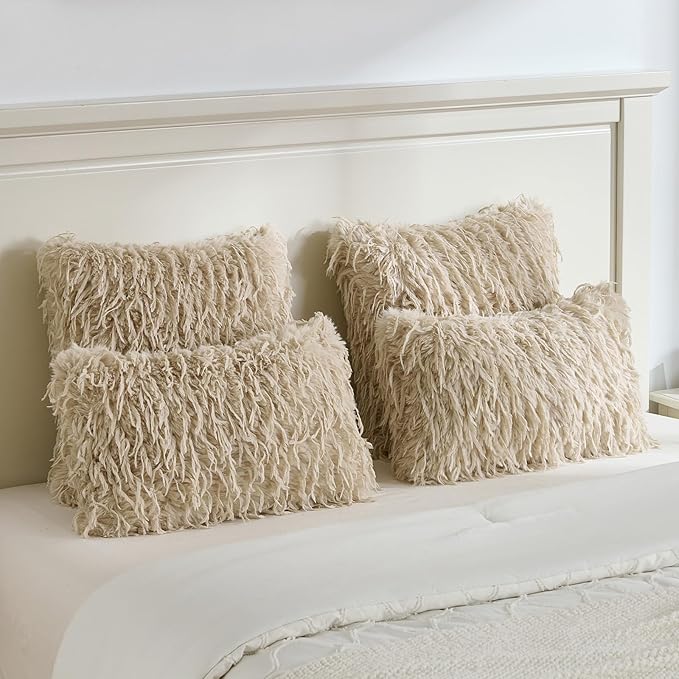 FUTEI Apricot Decorative Throw Pillow Covers 18x18 Inch Set of 2,Soft Fluffy Faux Feather Texture Cushion Cases,Modern Home Luxury Decor for Couch Bed Living Room