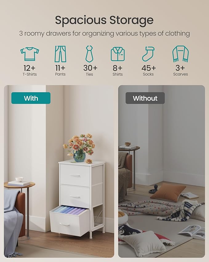 SONGMICS Dresser for Bedroom, Chest of Drawers, Steel, MDF, 3 Non-Woven Fabric Drawers, Storage Organizer Unit, Closet, Entryway, Cloud White and Snow White ULGS313W01S