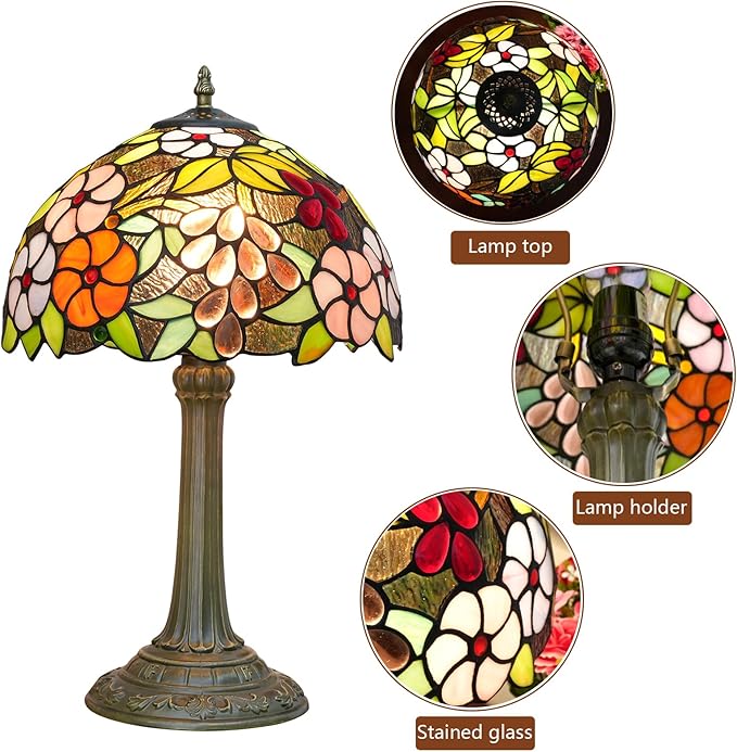 Tiffany Style Stained Glass Table Lamp 12-Inch Purple Grape Flower Reading Bedside Lamp Suitable for Study Living Room Bedroom Coffee Shop Retro Table Lamp Home Decoration Art