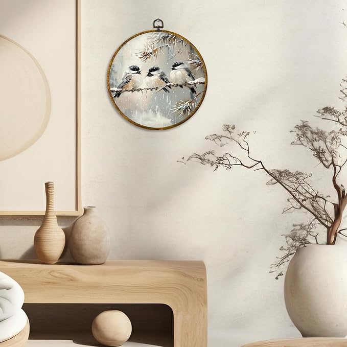 CUANFDDSF Vintage Winter Bird Round Wall Art Decor, Rustic Cottagecore Bird Wall Hanging Frame Decor, Farmhouse Cozy Winter Canvas Prints Decorations for Home Bedroom Living Room, 10x10 Inch