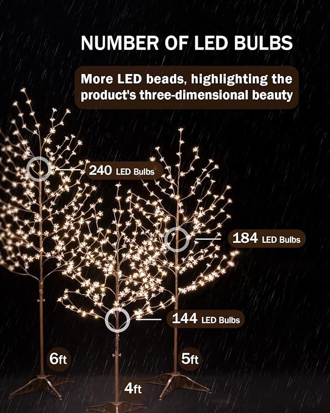 5ft Lighted Cherry Blossom Tree with 184 Warm White LED Lights for Holiday Decor - Dimmable, UL Certified, Waterproof - Ideal for Indoor and Outdoor Decoration