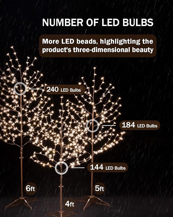 6ft Lighted Cherry Blossom Tree with 240 Warm White LED Lights for Holiday Decor - Dimmable, UL Certified, Waterproof - Ideal for Indoor and Outdoor Decoration