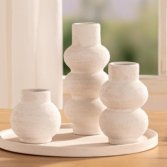 Ceramic Vase Home Table Decor - White Flower Vase Set of 3 Living Room Kitchen Decorations Farmhouse Modern Rustic Vases Decorative Centerpiece for Shelf Bedroom Office Bathroom Dining Coffee Desk