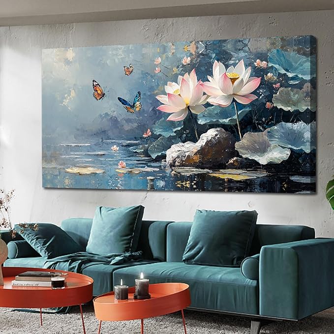 Ardemy Lotus Large Wall Art for Living Room Butterfly Canvas Art Wall Decor Textured Pictures Artwork Bedroom Kitchen Dining Home Office, 58"x29"