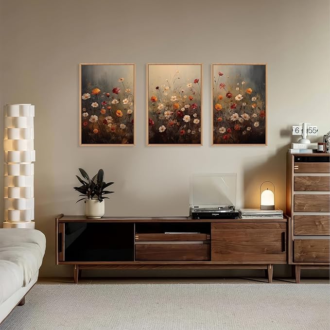 KAIRNE Vintage Wildflower Wall Art Set of 3, Boho Watercolor Botanical Framed Canvas Prints, Rustic Colorful Floral Decor for Living Room, Bedroom, Farmhouse 16x24 inch