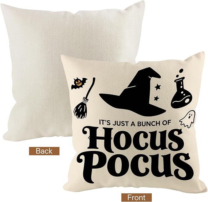 Halloween Pillow Covers 16x16 inch Set of 4, Linen Outdoor Cute Ghost Vintage Hocus Pocus Saying Farmhouse Party Supplies Black and White Decorations for Sofa Couch