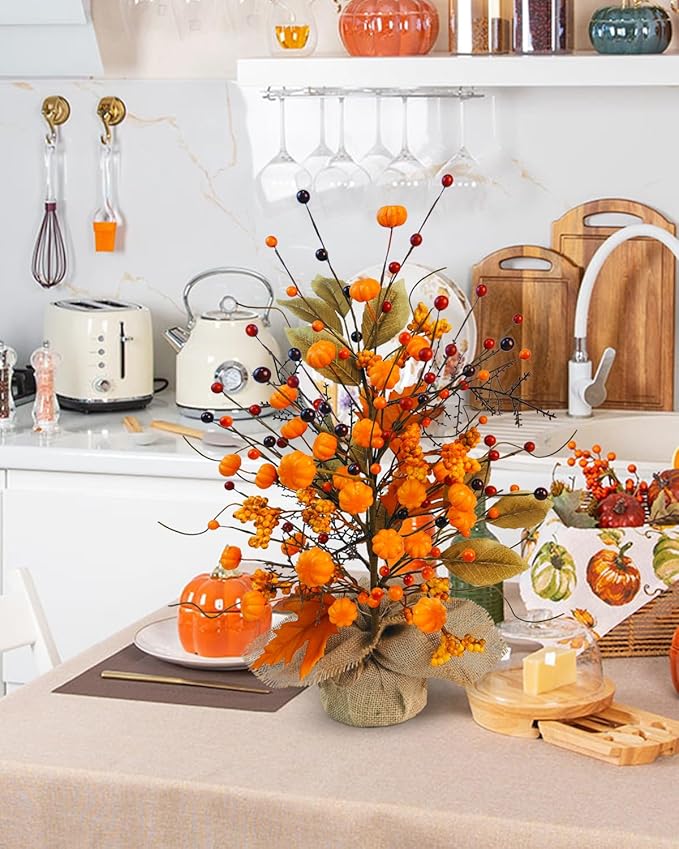 2 Pcs Fall Table Centerpieces Tree, Faux Fall Tree Artificial Fall Tabletop Tree Pumpkin and Maple Leaf Berry with Burlap Base Fall Decorations for Autumn Thanksgiving Party Home Office