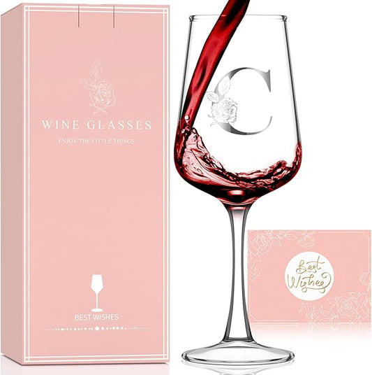 Monogrammed Wine Glass Gifts for Women - Personalized A-Z Wine Glasses with Gift Box & Greeting Card | Custom Mothers day, Anniversary, Birthday Gifts for Her, Mom, Wife, Best Friend, Sister,Woman (C)