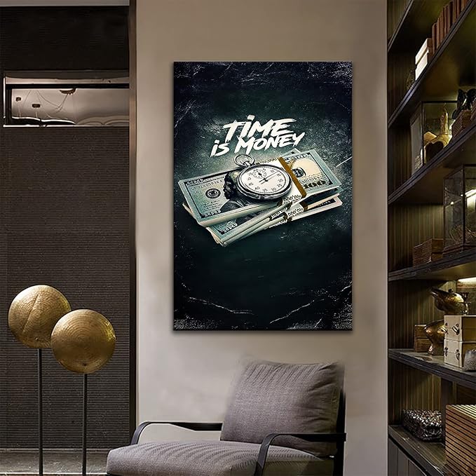Inspirational Wall Art Modern Pictures Print Vintage Painting Time is Money Nordic Canvas Quotes Positive Poster Home for Office Living Room Decoration Framed Ready to Hang [36''W x 24''H]