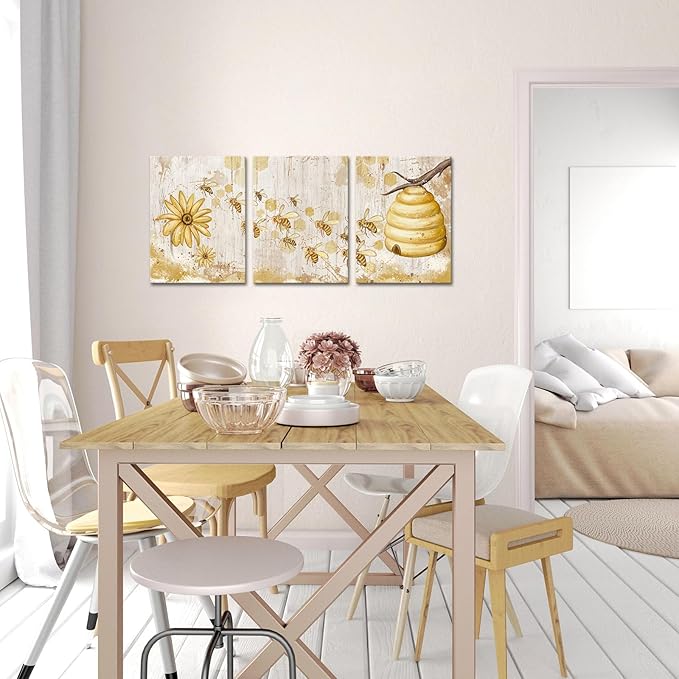 FuShvre Vintage Yellow Wall Art Honey Bee Canvas Painting Picture Bee and Flower Daisy Artwork for Kitchen Famrhouse Decor Framed 12"x16" Each (Small, White)