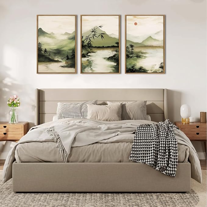 ANHUIB Green Mountain Wall Art Japanese Misty Landscape Wall Decor Foggy Forest Painting 16x24 Inch for Living Room Bedroom Bathroom