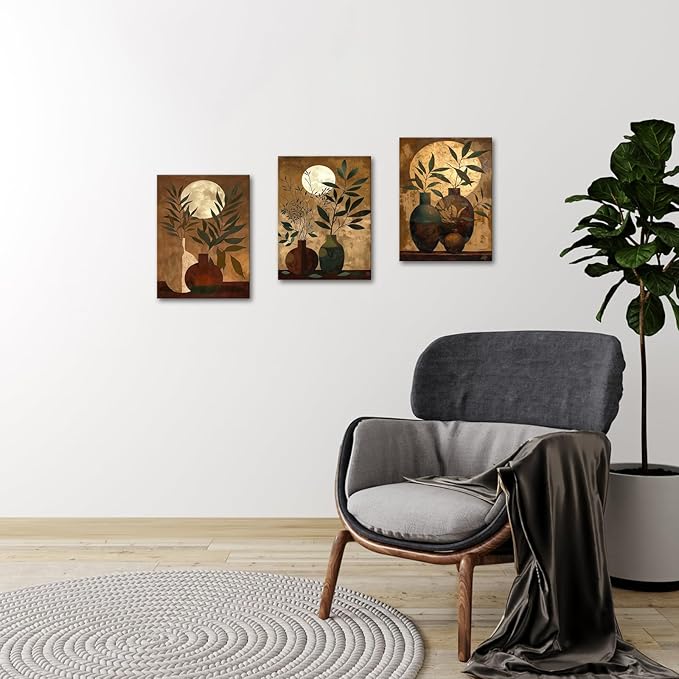ChaudArt 3 Pieces Green Branch in Brown Vase with Moon Decor Paintings Modern Canvas Wall Art Decor Artworks Pictures for Living Room Bedroom Kitchen Decoration