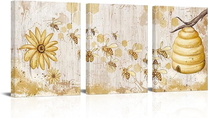 FuShvre Vintage Yellow Wall Art Honey Bee Canvas Painting Picture Bee and Flower Daisy Artwork for Kitchen Famrhouse Decor Framed 12"x16" Each (Small, White)