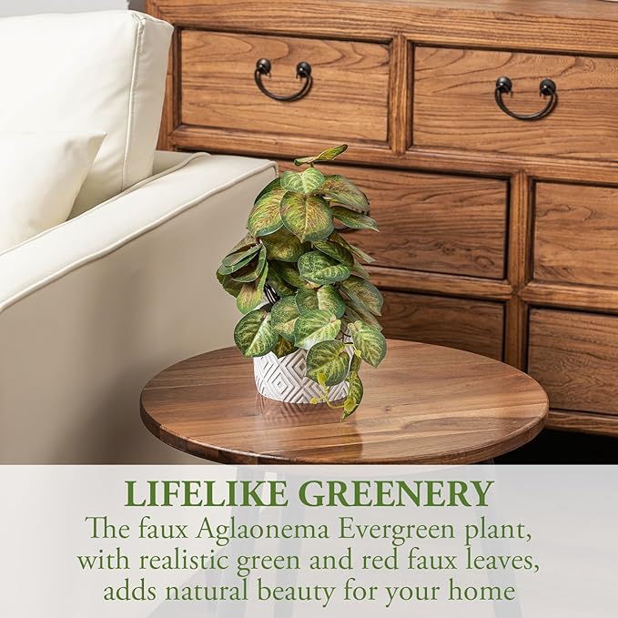 MyGift Artificial Aglaonema Evergreen Leafy Plant, Green and Red Faux Leaves Potted in Gray Concrete Pot with White Diamond Pattern, Indoor Home Table Decor