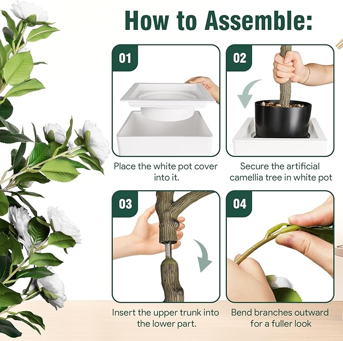 5Ft Artificial Camellia Tree in White Pot, White Faux Plant Indoor Outdoor (61"), Tall Flower Plant for Porch & Living Room Office Decor