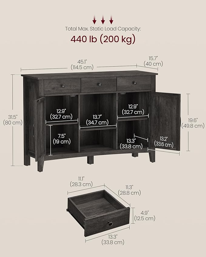 VASAGLE LIRY Collection - Buffet Cabinet, Coffee Bar Cabinet with 3 Drawers, Adjustable Shelves, Sideboard Storage with Cable Holes, Drawer Dividers, Antique Charcoal UBBK371B02V1