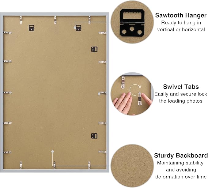 Vittanly 24x36 Poster Frame for Wall, Plexiglass, Displays Picture 20x30 with Mat or 24x36 without Mat, PVC Frame Material, Horizontal or Vertical Hanging, 1 Pack, Grey