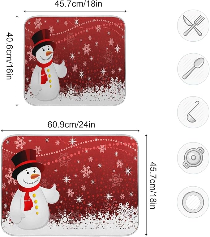 Christmas Snowflakes Snowman Dish Drying Mat 16 X 18 Inch Xmas Snowmen Winter Santa Dry Dishes Pads Tableware Mats Protector for Kitchen Countertops Counter Home Decorations